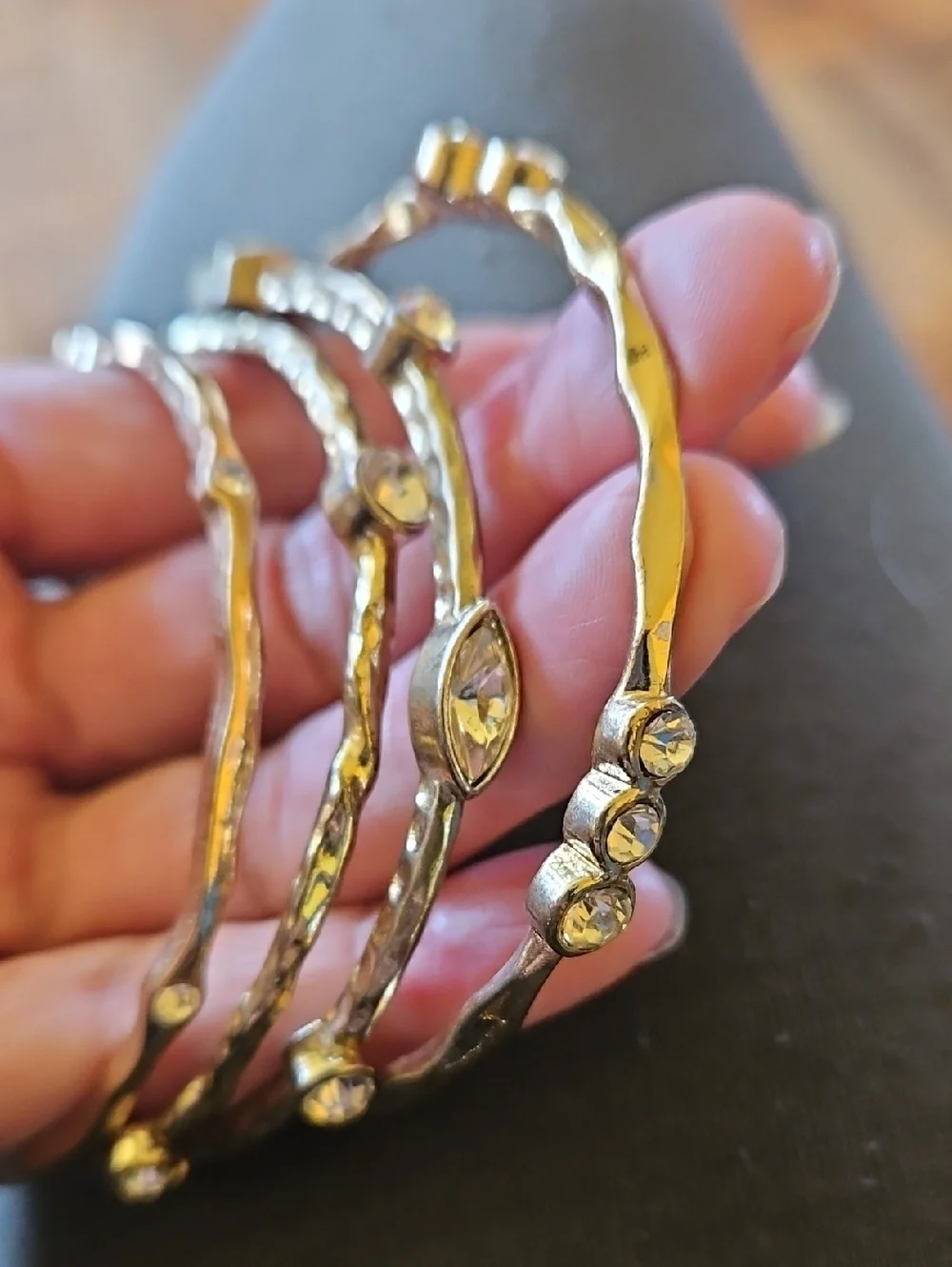 Gold-Tone Textured Hammered Bangles With Clear Rhinestones Multiple Styles. - Picture 6 of 7
